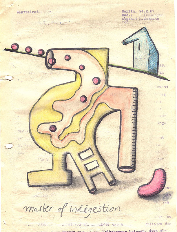Indigestion, watercolor and ink on paper, by Cecile Noldus